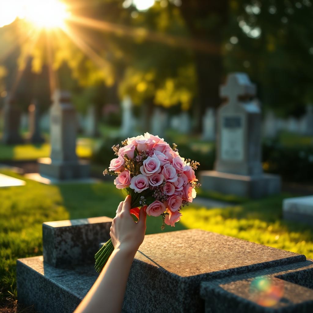Hands placing flowers at a gravesite in warm sunlight
